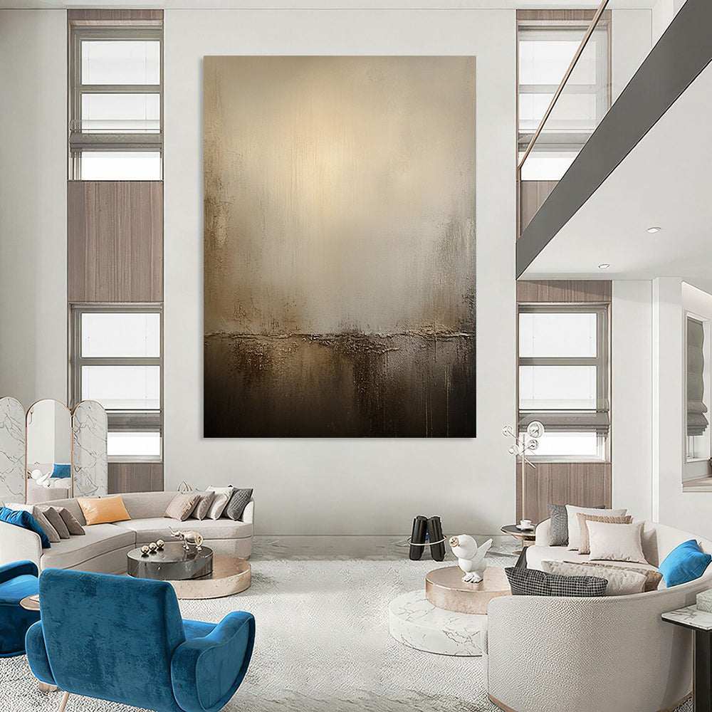 Large contemporary hand-painted abstract artwork in warm neutral tones featuring textured beige walls that evoke tranquility and depth without clear outlines. DLZ0988
