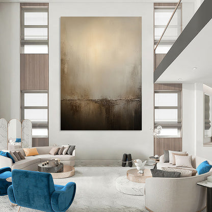 Large contemporary hand-painted abstract artwork in warm neutral tones featuring textured beige walls that evoke tranquility and depth without clear outlines. DLZ0988