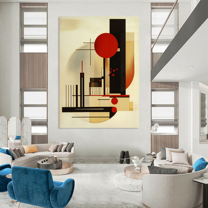 Contemporary hand-painted abstract art featuring geometric shapes primary colors black lines and red dots balanced composition with an abstract cityscape and figures. DLZ1419