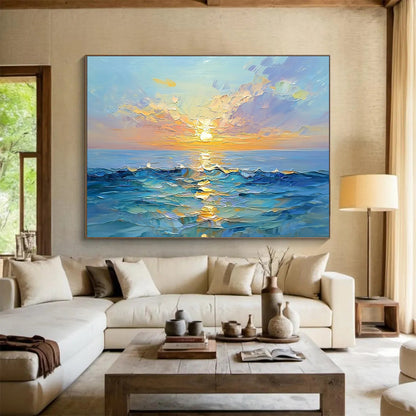 “Textured Sea Sunset” - Lush Oranges, Pinks, Purples, Blues, Impasto Ocean Sunset - Oil Painting HB1611