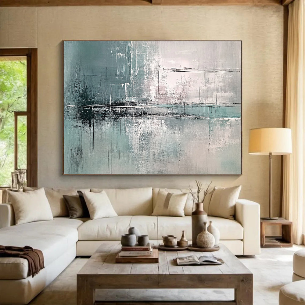 “Teal Gray Abstract Reflections” - Teal, Gray, White, Textured Forms - Painting On Canvas HB1422