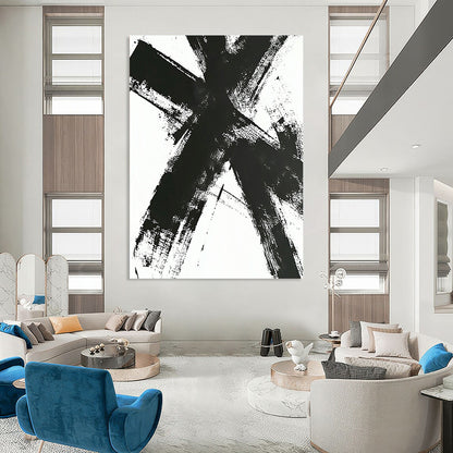 Contemporary large hand-painted abstract artwork featuring a black and white cross with dynamic intersecting lines and expressive brush strokes. DLZ1539