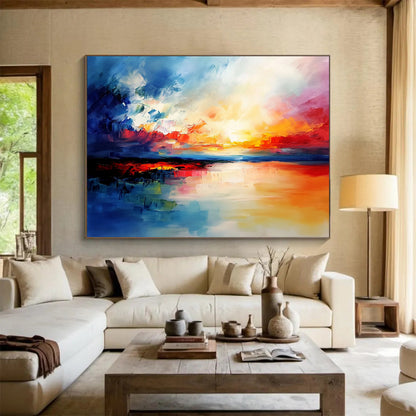 “Vibrant Sunset Sky” - Blue, Red, Orange, Fiery Skies and Reflective Water Painting On Canvas HB0928