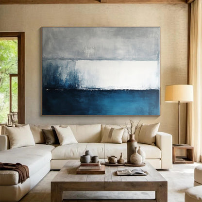 “Gray - Blue Abstract Horizon Lines” - Gray, Blue, White, Horizon Lines Painting On Canvas HB0832