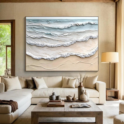 Layered Sea Waves in Blue and Beige - Impasto Ocean Scene Painting On Canvas HB0427