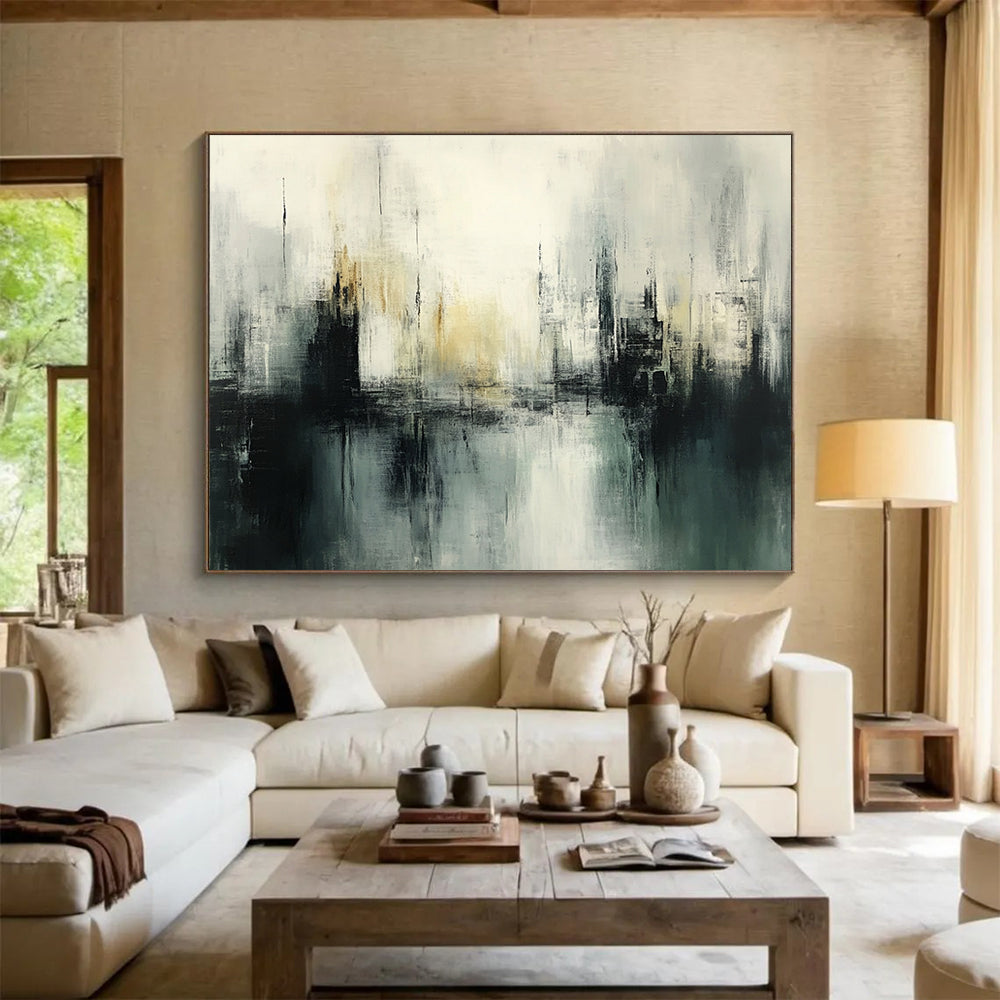 “Misty Urban Silhouette” - Gray, Black, White, Abstract Cityscape - Acrylic Painting HB1479