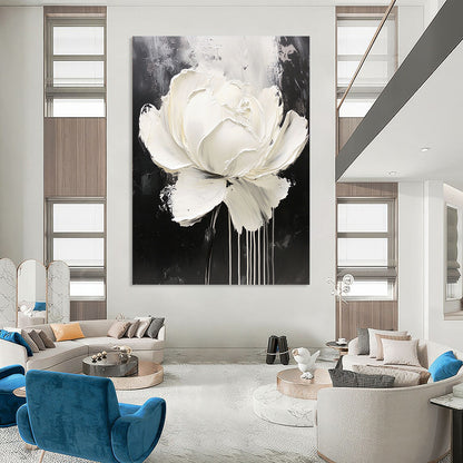 Contemporary abstract oil painting featuring a white rose with dripping paint on a minimalist black and gray background, showcasing intricate details and expressive petals. DLZ0829