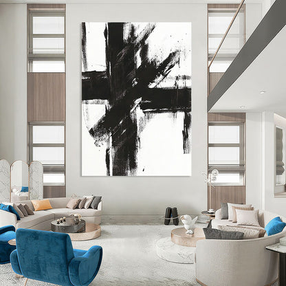 Contemporary abstract painting features a bold black and white cross with striking brush strokes on a bright canvas. DLZ0271
