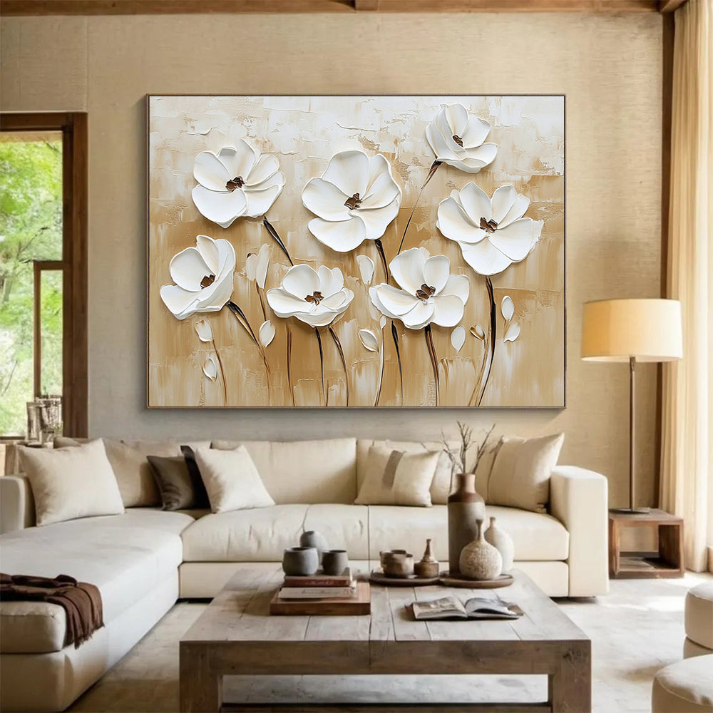 3D White Flowers on Beige - Textured Floral Relief Painting On Canvas HB0426