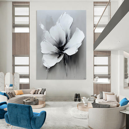 Contemporary abstract oil painting featuring bold white flowers and a high contrast black and gray palette on a neutral background. DLZ0827