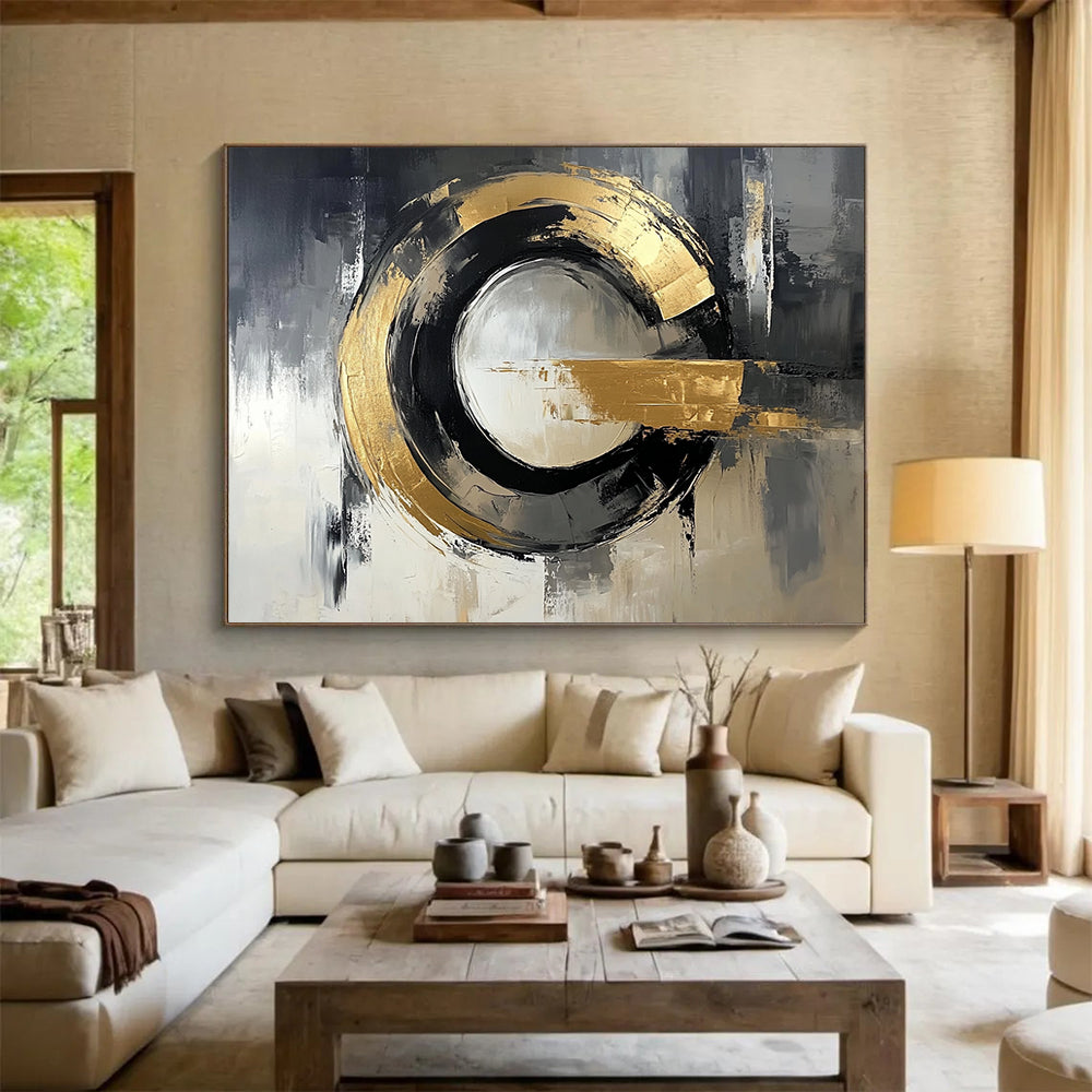 “Gold - Black Circular Abstraction” - Gold, Black, Circular Textured Painting On Canvas HB0794