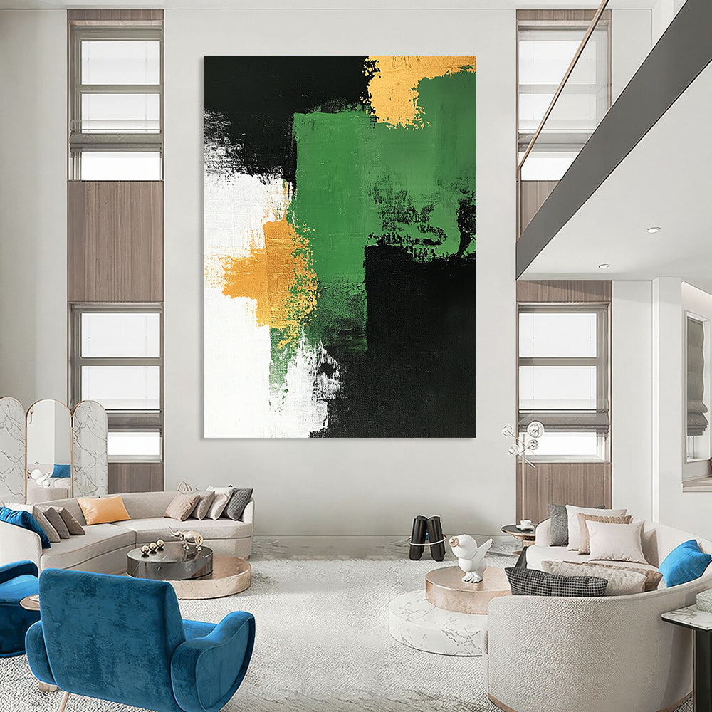 Contemporary hand-painted abstract artwork features a green and white palette with gold accents bold brush strokes on a black background framed by white. DLZ0878