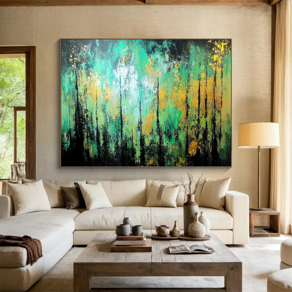 “Enchanted Forest Abstract” - Green, Teal, Gold, Black with Tree - like Forms - Painting On Canvas HB1382