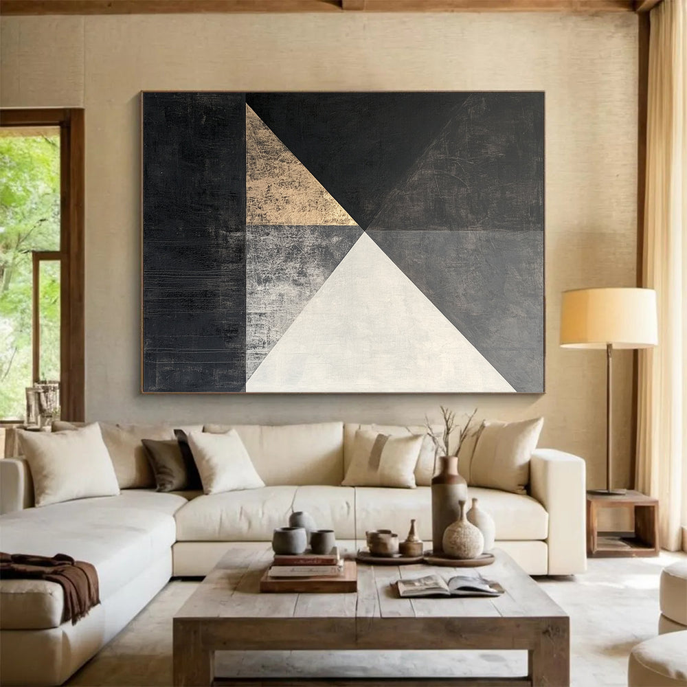 Black, White, Gray, Gold, Triangular Geometry "Gilded Triangle Tango" Abstract Cubist - Inspired Painting On Canvas HB122