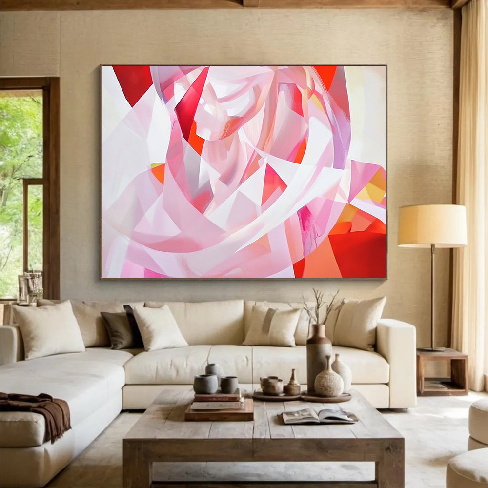 “Pink Geometric Twirl” - Shades of pink, reds, whites; Abstract geometric shapes; Modern Abstract Painting On Canvas HB1160