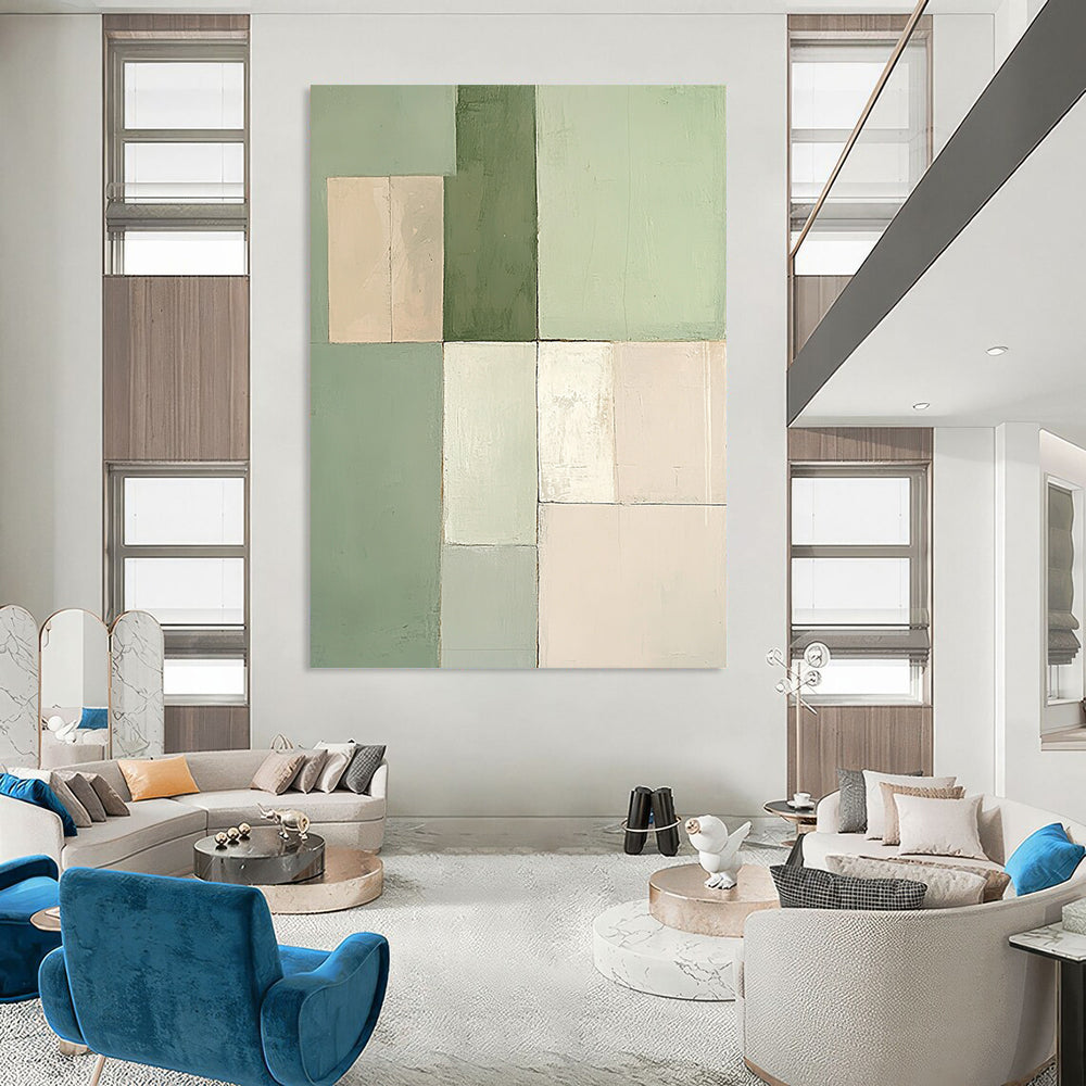 Contemporary hand-painted abstract artwork features a minimalist design with soft pastel green and beige squares in varying sizes. DLZ1334