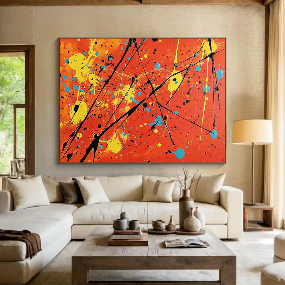 “More Colorful Splatter On Orange” - Orange, Yellow, Blue, Black, Abstract Expressionist Painting On Canvas HB0684