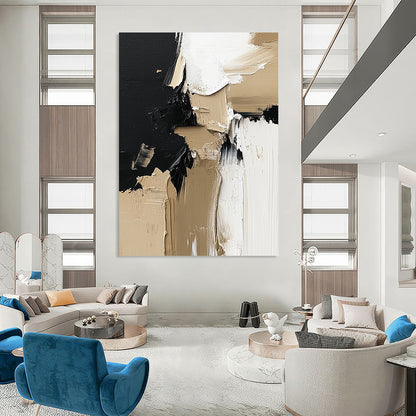 Contemporary hand-painted abstract artwork featuring a striking blend of black, white, and beige textures perfect for enhancing wall aesthetics. DLZ0321