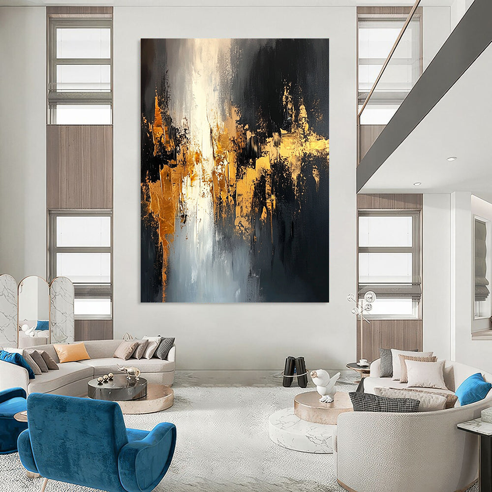 Contemporary hand-painted abstract art featuring black and gold tones with dynamic brushstrokes creating a mysterious urban landscape and intricate depth. DLZ0699