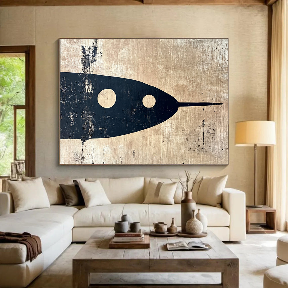 “Black Fish on Beige” - Black, beige, fish silhouette, Minimalist Mixed - Media Painting HB0616