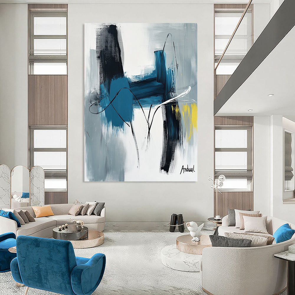 Contemporary abstract art showcasing "Andual" with bold strokes in blue and white on neutral canvas featuring black lines and hints of yellow or gray. DLZ0866