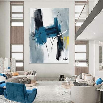 Contemporary abstract art showcasing "Andual" with bold strokes in blue and white on neutral canvas featuring black lines and hints of yellow or gray. DLZ0866