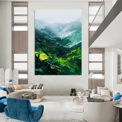 Contemporary abstract painting showcasing thick green mountains with rich brushstrokes and a misty atmosphere on white background. DLZ0623