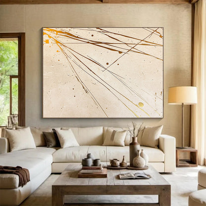 Beige, Gold, Splattered Lines "Earthy Elegance" Abstract Painting On Canvas HB033