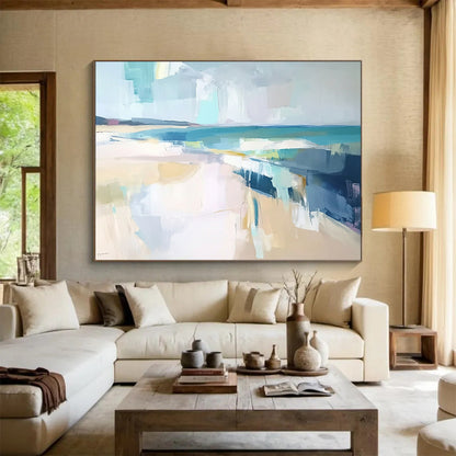 “Abstract Beach Day” - Blue, white, yellow, gray; Soft blocks mimic a hazy seaside; Minimalist Coastal Acrylic Painting On Canvas HB1175