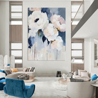 Contemporary abstract art featuring large brush strokes with light blue and white flowers such as peonies and roses accented by navy tones. DLZ0380