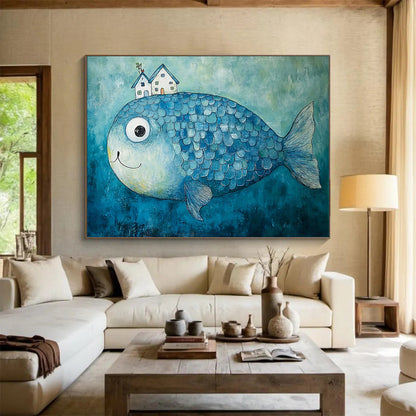 “House - Topped Blue Fish” - Blue fish, white houses, Whimsical Painting On Canvas HB0576