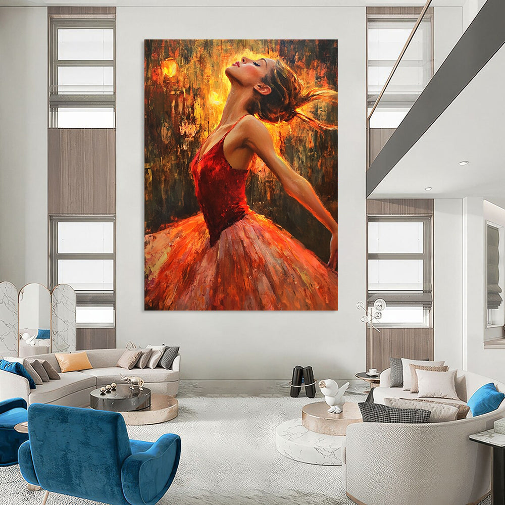 Contemporary hand-painted artwork capturing a ballerina in red dancing gracefully amidst firelight, with a focus on her expressive face. DLZ1091