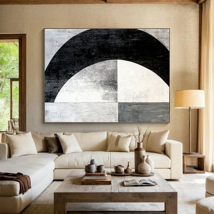 Black, White, Gray, Textured Crescent "Midnight Moon" Abstract Expressionist Painting On Canvas HB104