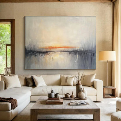 “Sunset Reflection” - Gray, Orange, Tranquil Sky and Water Painting On Canvas HB0936