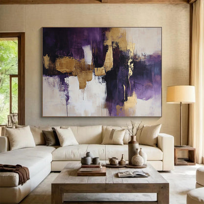 “Purple and Gold Abstract Fusion” - Purple, gold, white, black; Dynamic abstract color blocks and drips; Acrylic Painting On Canvas HB1216
