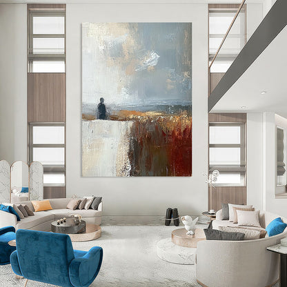 Contemporary abstract painting featuring muted brown grey and blue landscape under a large white sky creating a detailed and moody atmosphere. DLZ0487