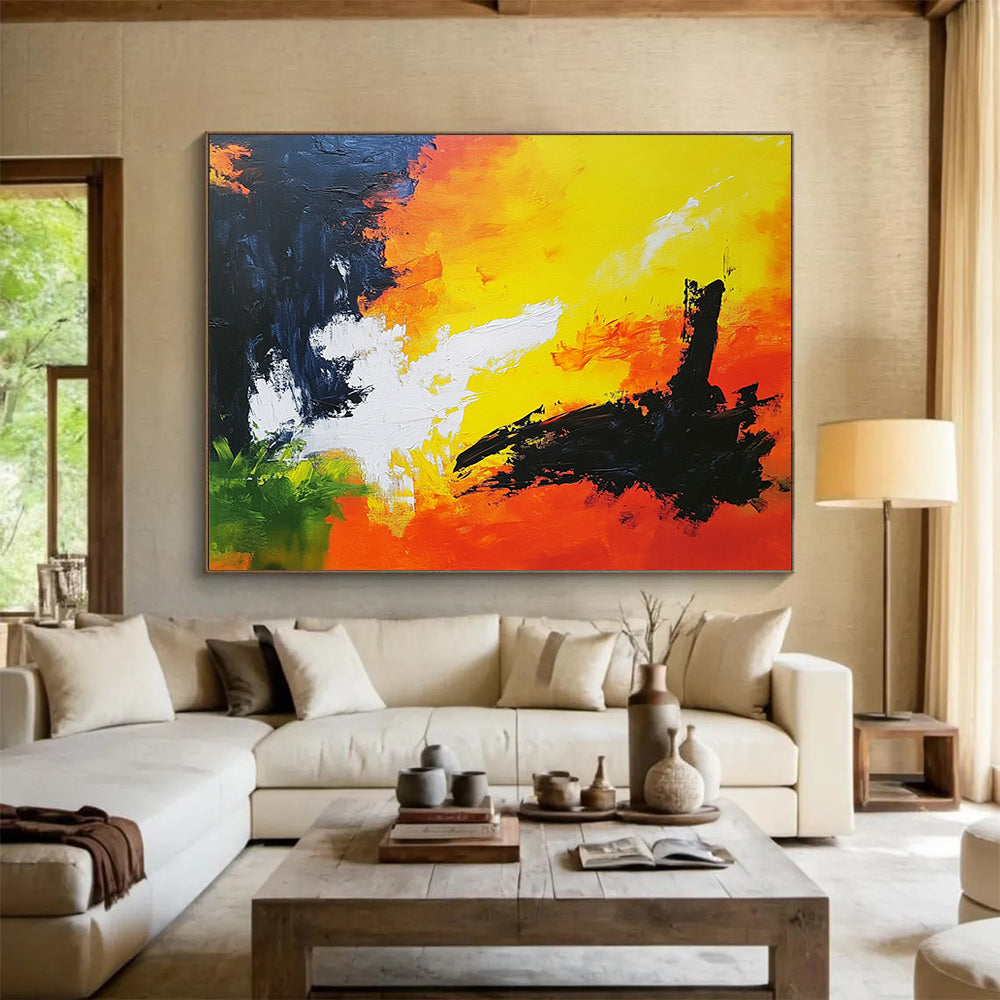 “Fiery Abstract Sky” - Yellow, Orange, Black, Green, Abstract Dramatic Sky Painting On Canvas HB1090