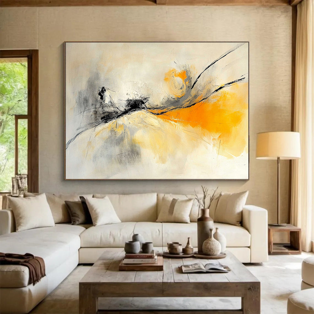 “Ethereal Strokes” - Gray, Yellow, Black, Flowing Lines - Abstract Oil Painting HB1534