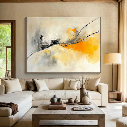 “Ethereal Strokes” - Gray, Yellow, Black, Flowing Lines - Abstract Oil Painting HB1534