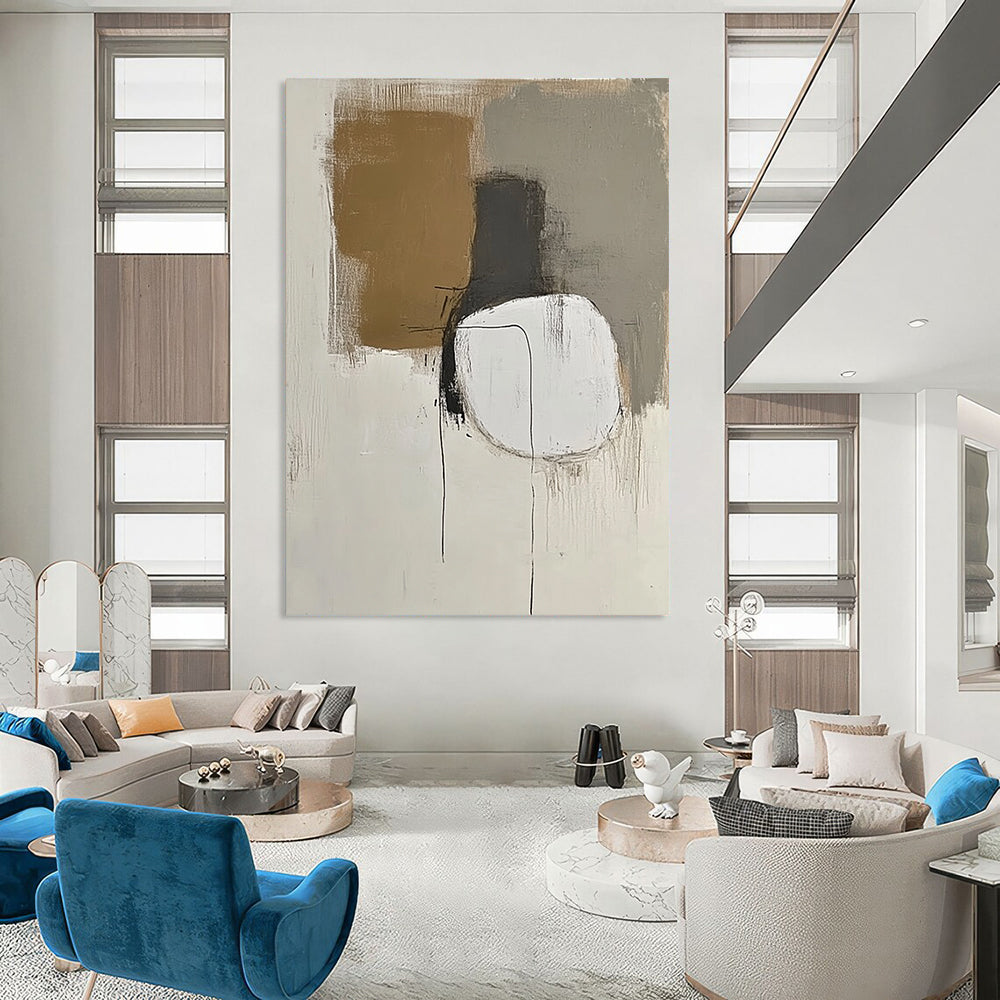 Contemporary hand-painted abstract artwork featuring minimalist design in neutral whites and grays with brown accents showcasing thin lines and simple shapes. DLZ0425