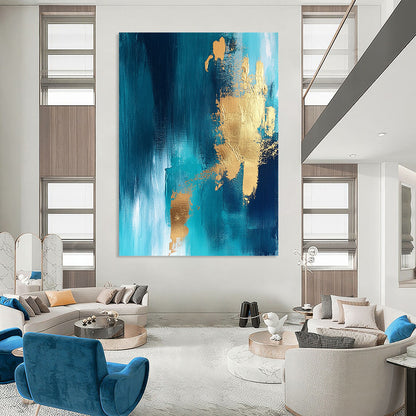 Contemporary abstract artwork featuring vibrant blue and gold foil accents against a rich teal background perfect for modern decor. DLZ0342