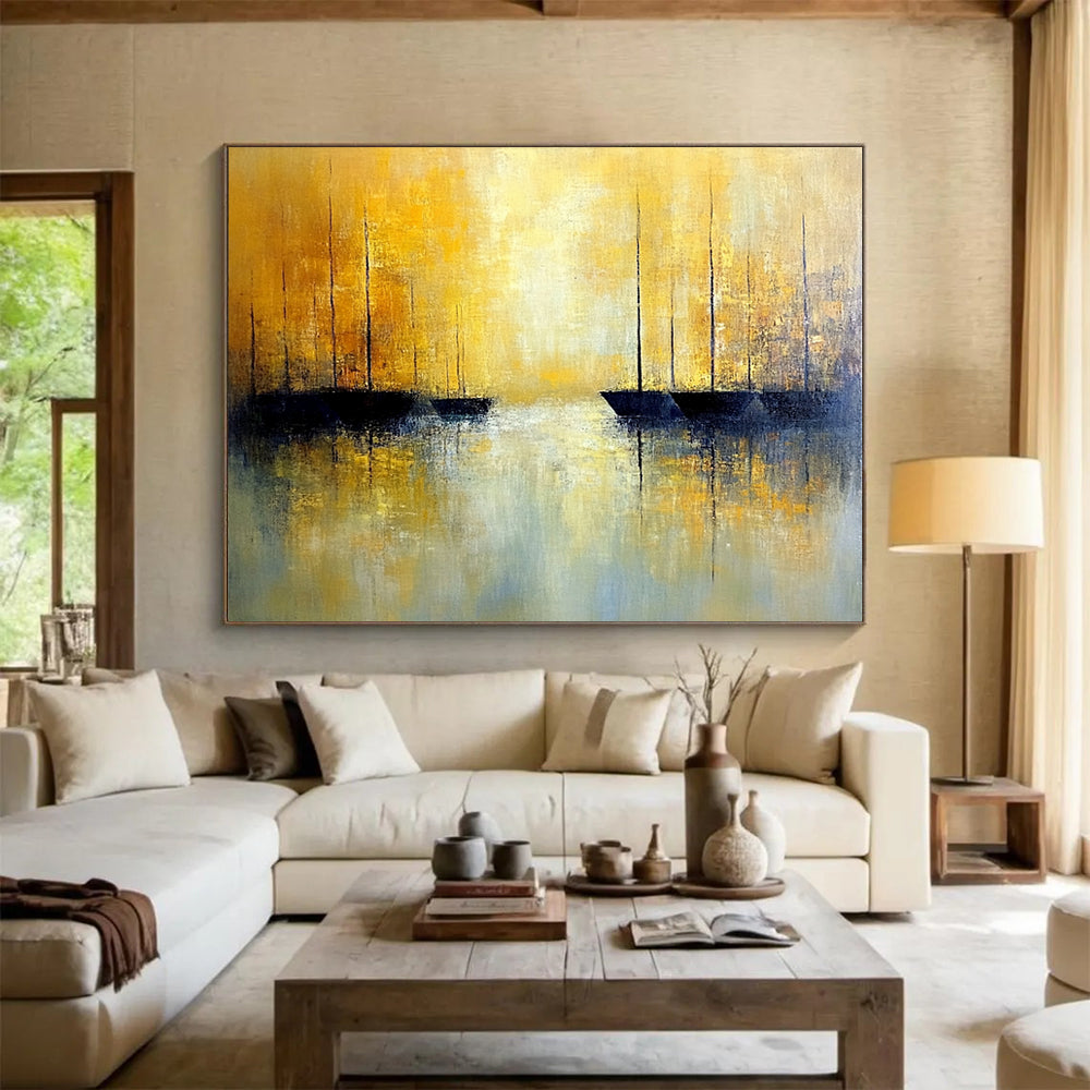 “Golden Sailboat Abstract” - Yellow, Blue, Black with Sailboat Silhouettes - Painting On Canvas HB1383