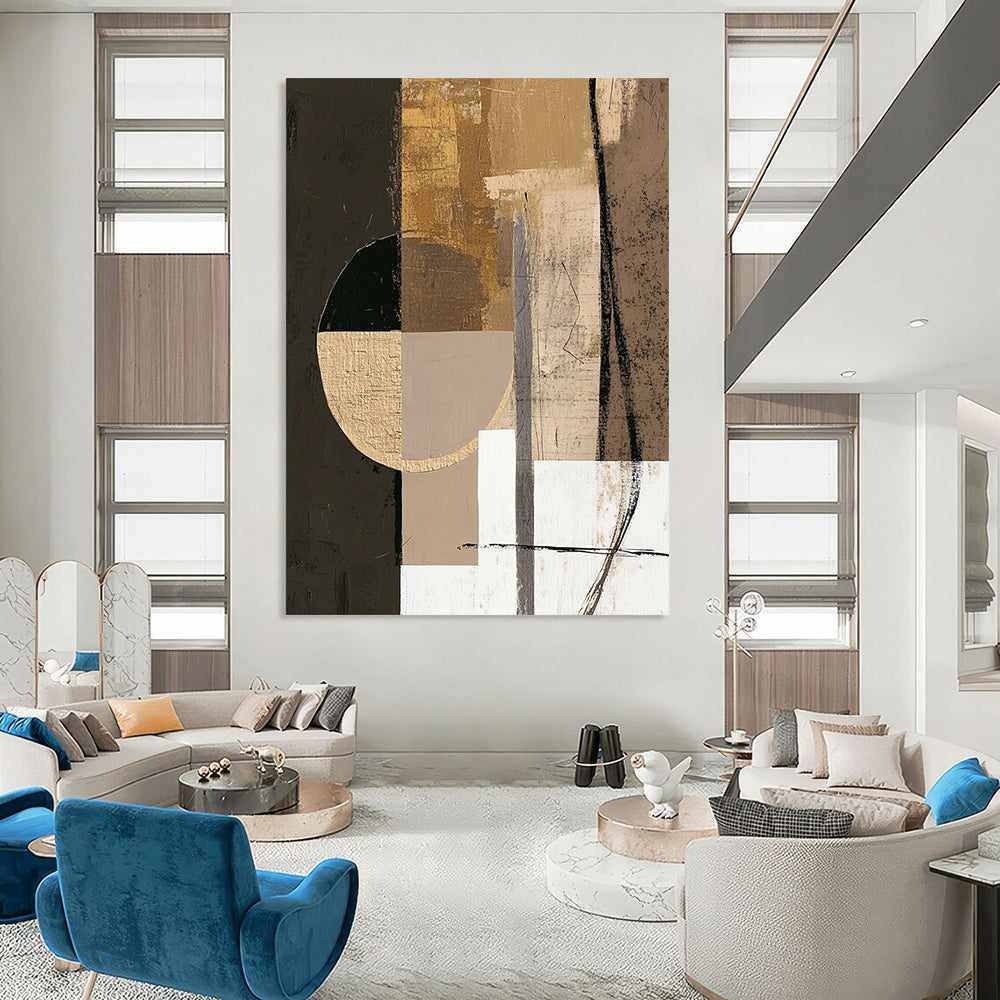 Contemporary hand-painted abstract artwork featuring earthy tones with textures, large circle, and small white square for tranquil harmony. DLZ0853