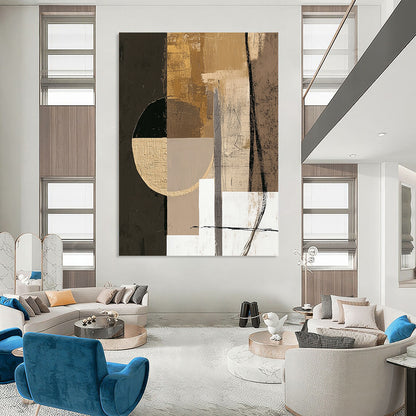 Contemporary hand-painted abstract artwork featuring earthy tones with textures, large circle, and small white square for tranquil harmony. DLZ0853