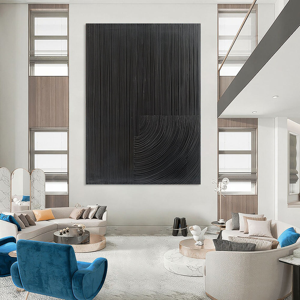 Contemporary abstract painting features half black with fine grooves and half gray abstract shape for a striking visual contrast. DLZ1553
