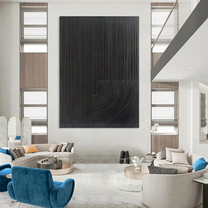Contemporary abstract painting features half black with fine grooves and half gray abstract shape for a striking visual contrast. DLZ1553