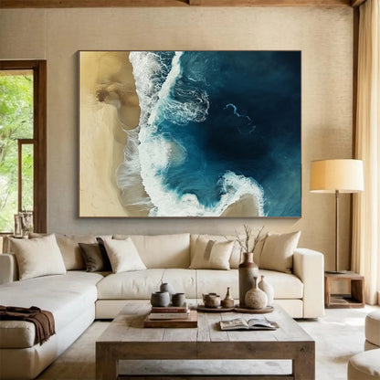 “Aerial Beach View” - Blue, White, Beige with Ocean and Sand - Aerial Photography Print HB1355
