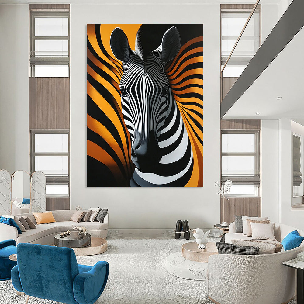 Contemporary abstract artwork featuring a striking zebra head with fluid lines on a vibrant orange background emphasizing elegant shapes and symmetry. DLZ1219