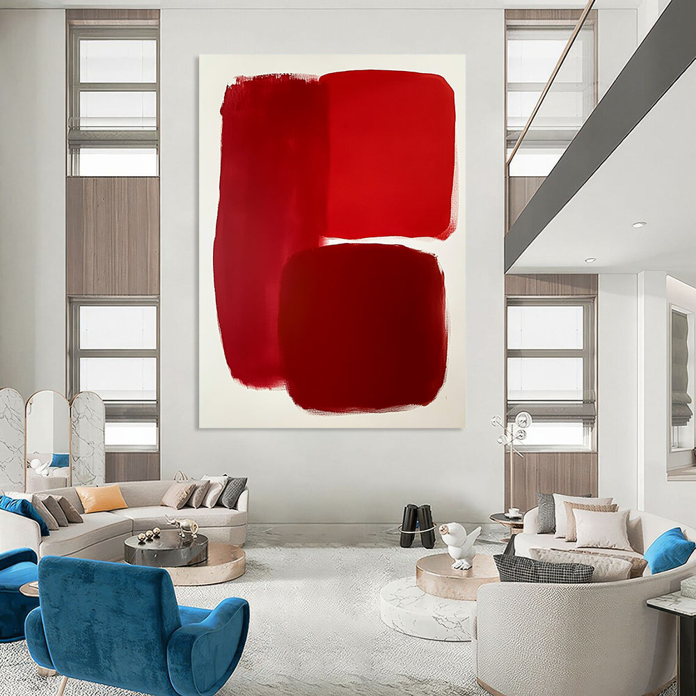 Contemporary abstract artwork featuring bold red shapes on a white background showcasing minimalist design and evocative empty spaces. DLZ1693
