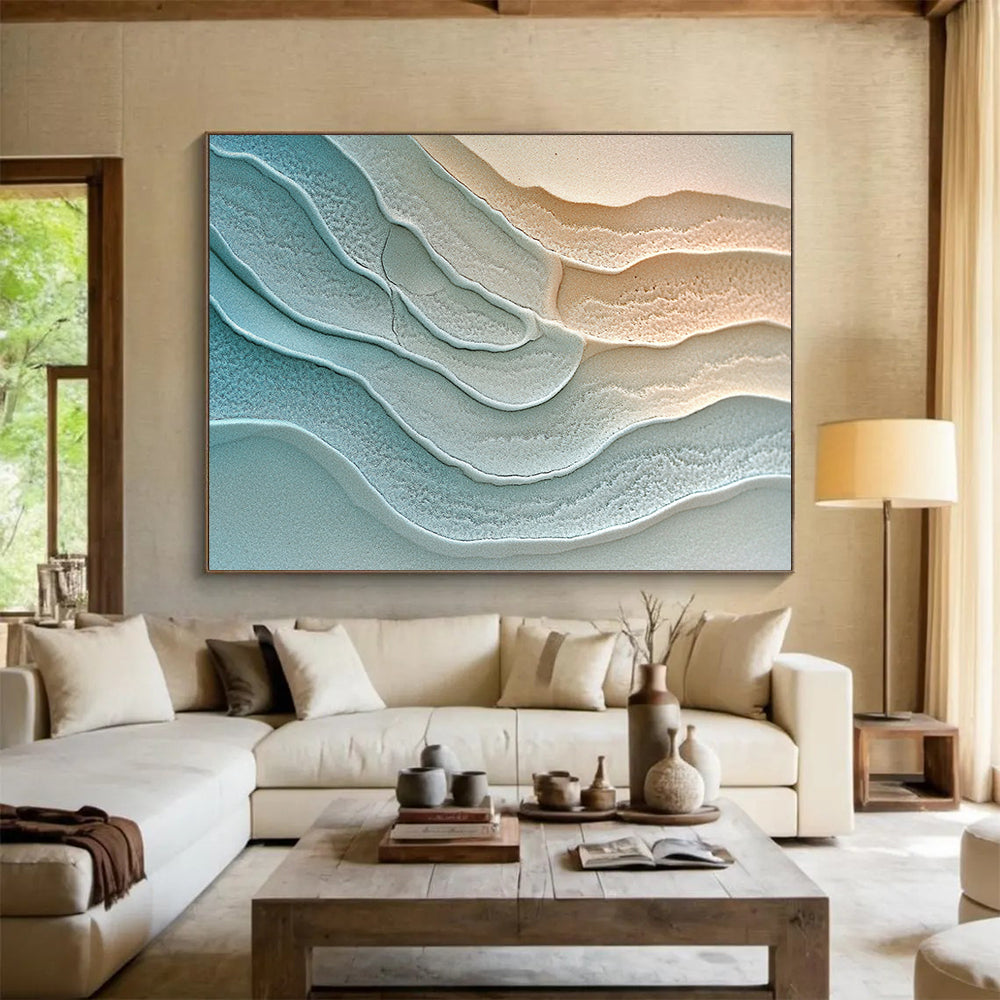 “Blue - Beige Textured Wavy Layers” - Abstract Textural Painting On Canvas HB0512